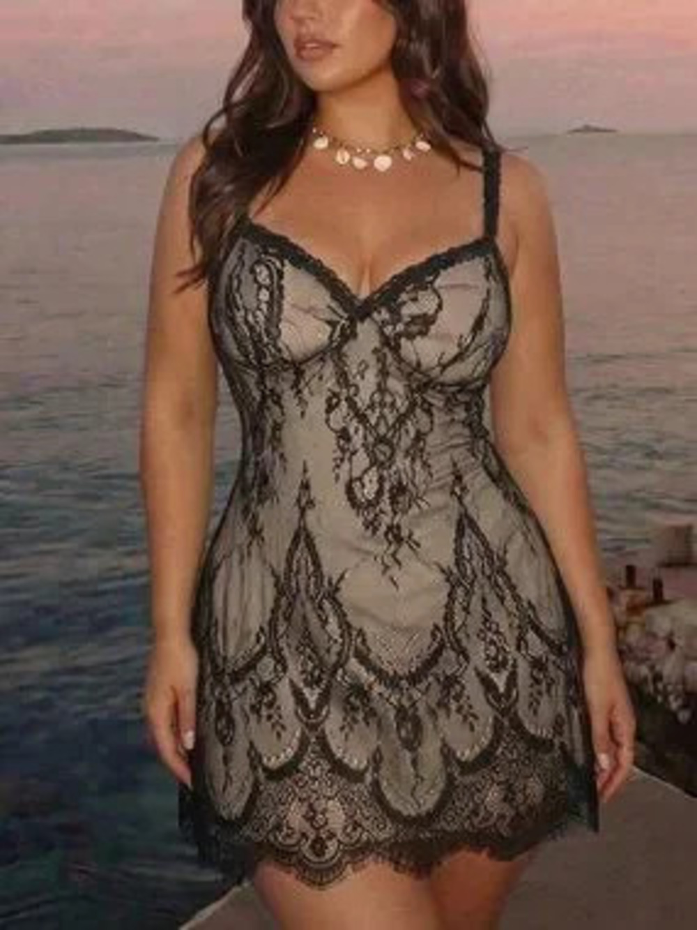 ZARA Black Sexy Women's Contrast Lace Slim Fit Short High Waist Cami Dress